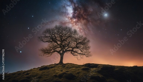 A Lone Tree on a Hilltop with Planets Visibly Aligned in the Sky