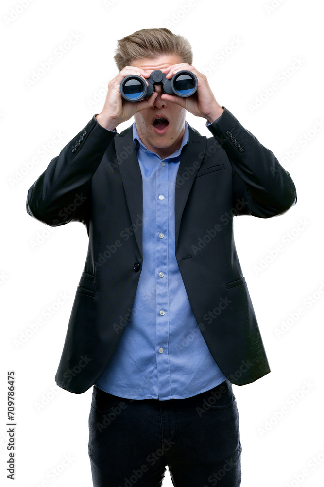Young handsome blond man looking through binoculars scared in shock with a surprise face, afraid and excited with fear expression Young handsome blond man looking through binoculars scared in shock with a surprise face, afraid and excited with fear expression