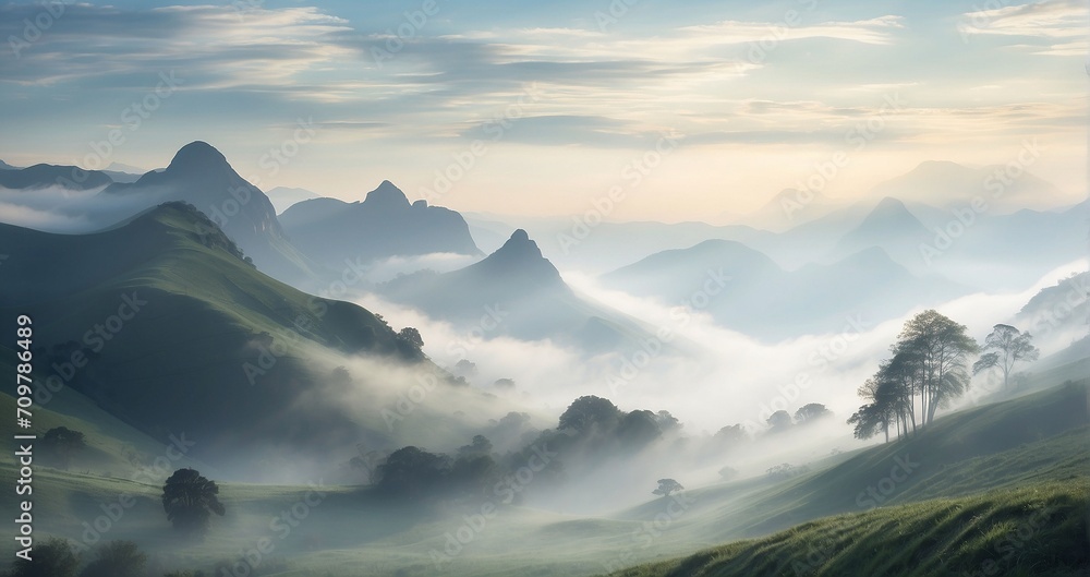 A scene of refined fog settling elegantly in valleys, creating an ethereal and elegant atmosphere - Generative AI