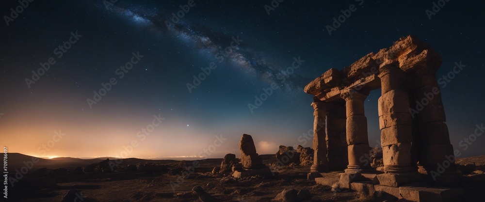 Fototapeta premium An Ancient Ruin Under a Celestial Event, like a lunar eclipse or a rare planetary alignment