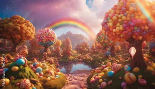 A Whimsical Candy Land with Rivers of Chocolate and Candy Trees, colorful and inviting, with a rainbow