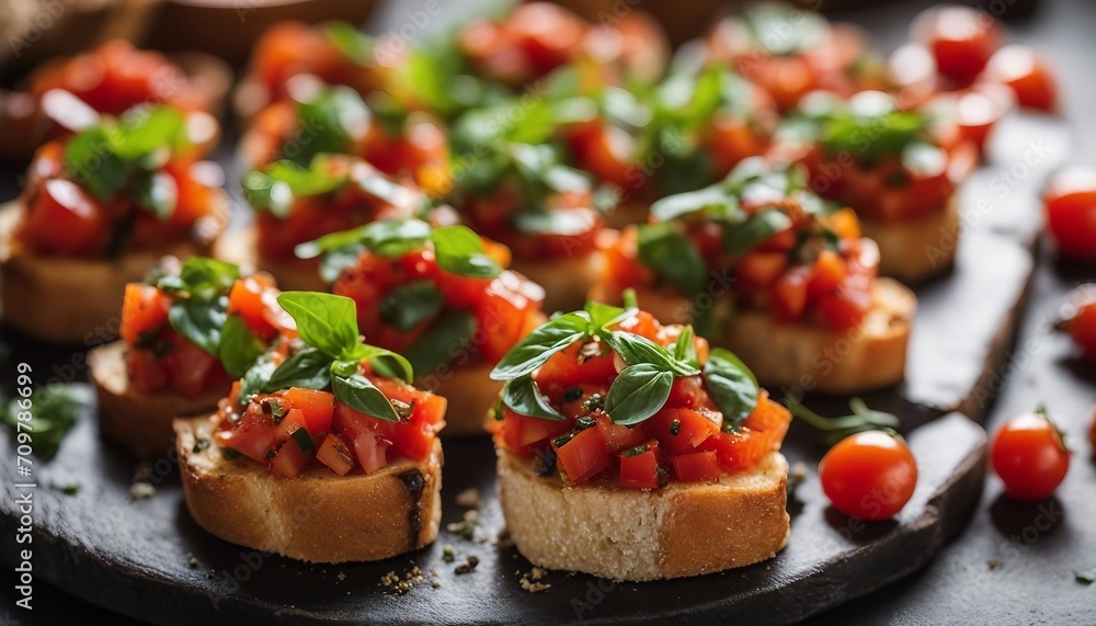Bruschetta al Pomodoro, grilled bread topped with a vibrant mix of diced tomatoes, garlic, and basil