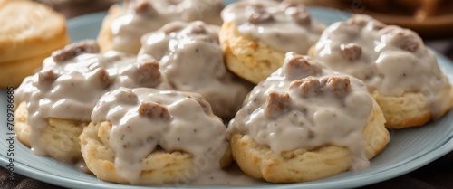 Biscuits and Gravy, soft, flaky biscuits smothered in a creamy, savory sausage gravy