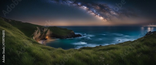Clifftop View of a Starry Night Over the Ocean, the milky way arching above the vast, tranquil sea