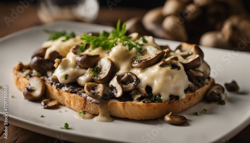Crostone con Funghi e Taleggio, grilled bread topped with sauteed mushrooms and melted Taleggio