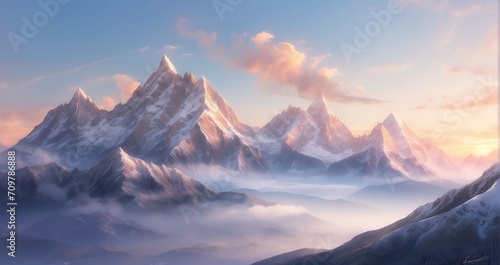 A scene of refined mountain peaks bathed in the gentle light of sunrise  evoking a sense of refined tranquility - Generative AI