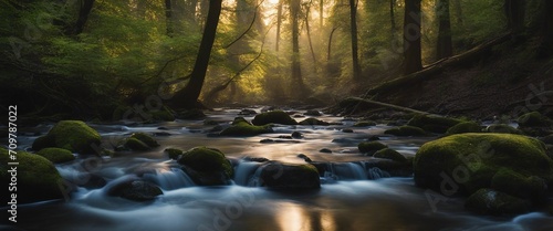 Forest Creek at Dawn, a gentle stream meandering through the awakening forest, the morning light
