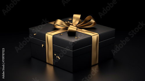 black gift box with golden ribbon isolated on black background