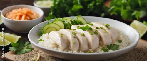 Hainanese Chicken Rice, poached chicken served with fragrant rice cooked in chicken broth