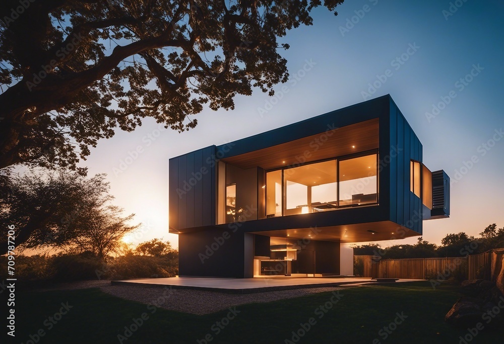 Minimalist Home with Strategic Lighting Under Dusk, the golden hour sun casting a warm glow Minimalist Home with Strategic Lighting Under Dusk, the golden hour sun casting a warm glow