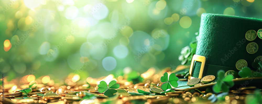 Banner with shiny green hat, gold coins and clover leaves. St. Patrick's Day concept - obrazy, fototapety, plakaty 