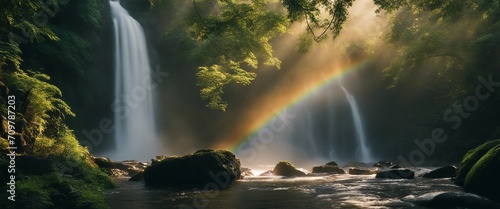 Misty Waterfalls in a Lush Rainforest  the water catching the soft light of dawn  creating a rainbow