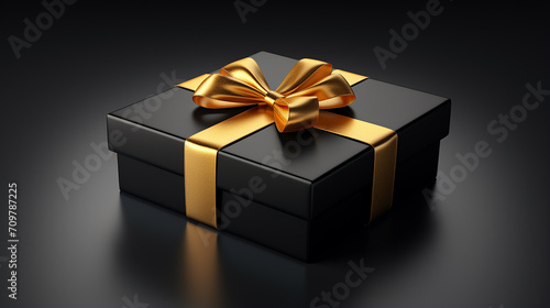 luxury black gift box with golden ribbon isolated on black background