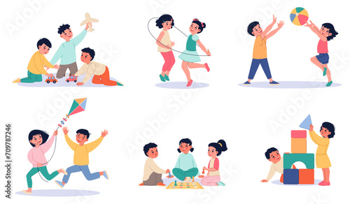 Kids active games set. Cute children playing, happy boys and girls with different toys, group entertainment, running and jumping, kite and constructor, cartoon flat isolated vector set