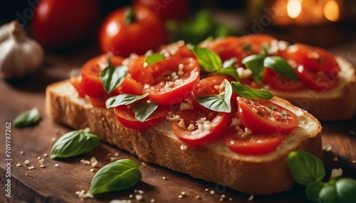 Ousted slices of Italian bread topped with a mixture of chopped tomatoes, garlic, and basil