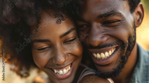 Real close-up of a happy Black couple laughing together.