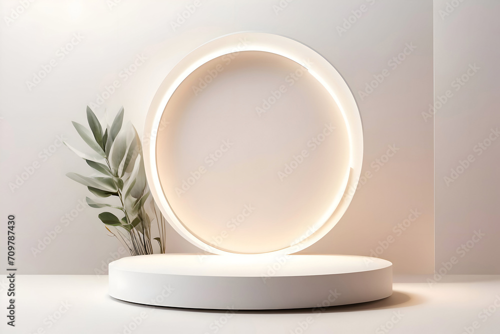 Elegant scene featuring a oval podium enhanced by shadows. Studio showroom pedestal. Minimal scene mockup for product display presentation. Elegant scene featuring a oval podium enhanced by shadows. Studio showroom pedestal. Minimal scene mockup for product display presentation.