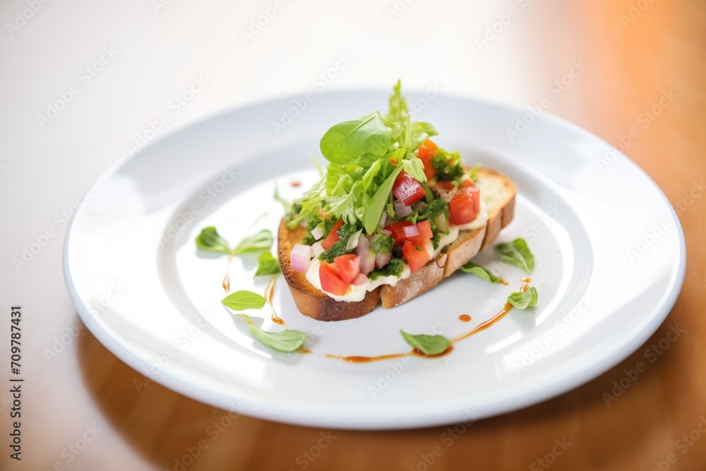 fresh bruschetta on white dish, basil garnish, tomato chunks visible fresh bruschetta on white dish, basil garnish, tomato chunks visible