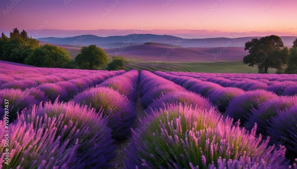Obraz premium Rolling Hills of Lavender Under a Pastel Evening Sky, the rows creating a hypnotic pattern 