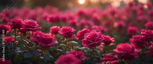 Rose Garden at Dawn, with dew-kissed petals ranging from deep crimson to delicate pink