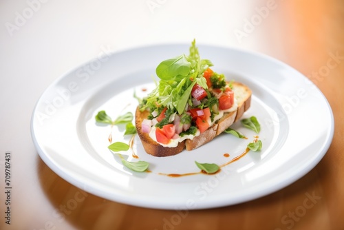 fresh bruschetta on white dish, basil garnish, tomato chunks visible