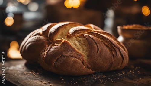 Sourdough from San Francisco, characterized by its tart flavor and chewy texture, with a crisp photo