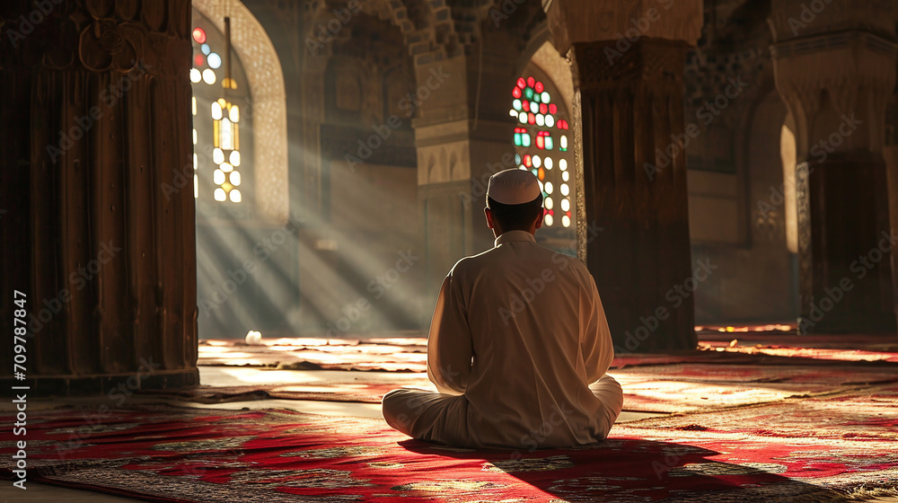Muslim elder sitting in masjid reading quran before prayer time at subdued dark light Muslim elder sitting in masjid reading quran before prayer time at subdued dark light