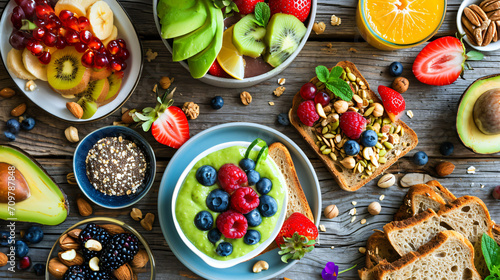 Flat lay of a healthy breakfast spread featuring avocado toast a smoothie bowl fresh fruits and nuts on a wooden table.