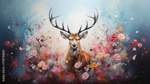 Artistic impasto style painting of a deer with antlers. Colorful animal wall print. 