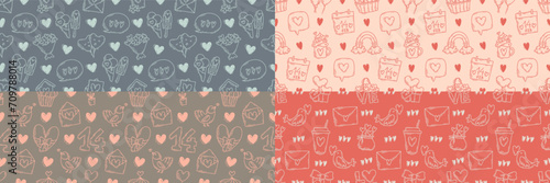 The love theme doodle style seamless pattern  Valentines Day hand-drawn color icons with a simple engraving retro effect. Romantic mood  cute symbols and elements backgrounds collection.