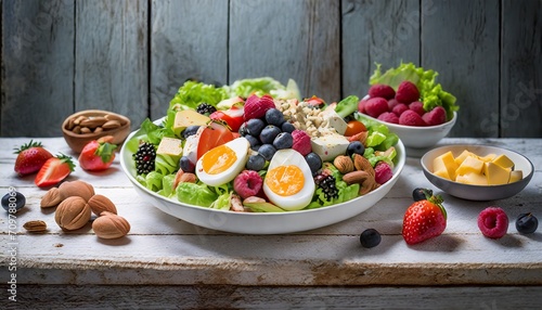 salad with vegetables and fruits berries, nuts, eggs, on wooden table and wooden wall panel.