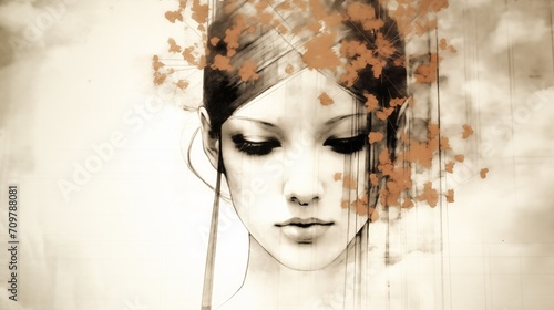 Illustration picture portrait of a beautiful young woman with flowers in her hair. AI generative.