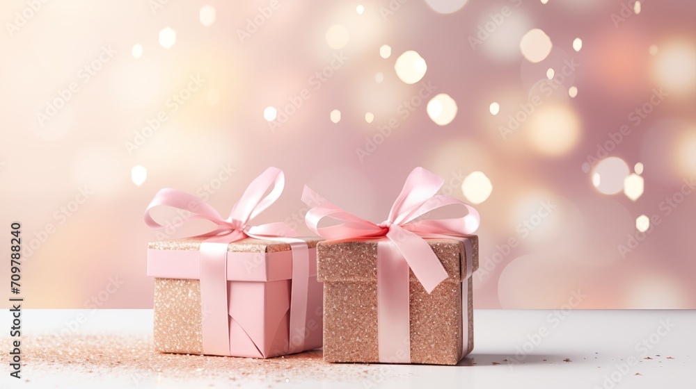 Obraz premium Pink pastel gift boxes on a bokeh background. Valentine's Day celebration.