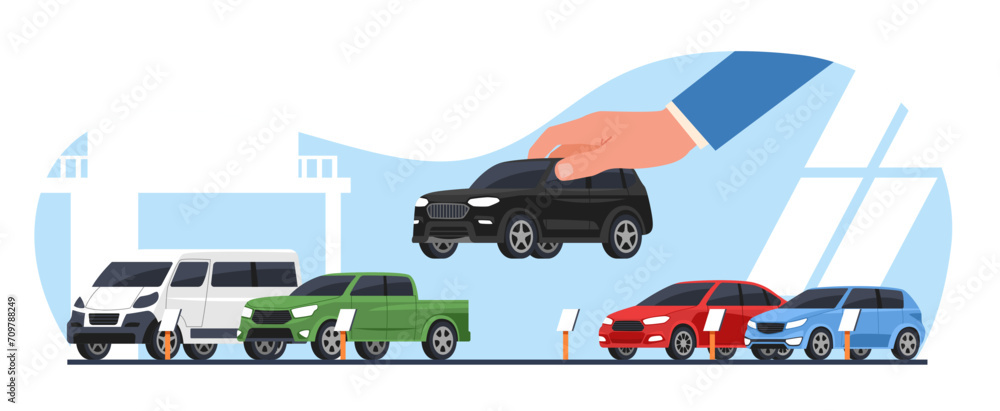 Choosing and buying new car. Different new automobile in car showroom. Agent hand hold sedan. Dealer selling vehicle. Dealership cartoon flat isolated illustration. Vector concept Choosing and buying new car. Different new automobile in car showroom. Agent hand hold sedan. Dealer selling vehicle. Dealership cartoon flat isolated illustration. Vector concept
