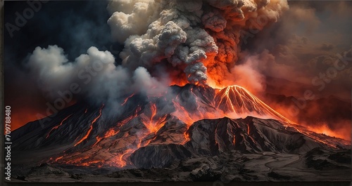 A scene of a volcanic island erupting, with fiery lava cascading down the slopes into the surrounding ocean, creating steam and turbulent waves - Generative AI