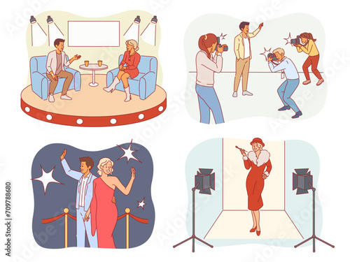 Cartoon celebrities. Popular people, worldwide fan love, getting on red carpet, paparazzi attack, public figures, journalist interview, arts culture wealthy characters, isolated vector set