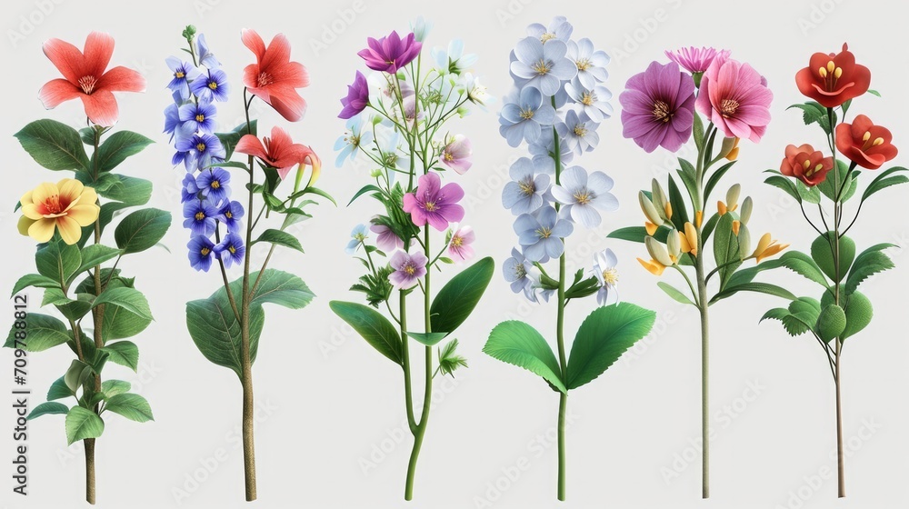 beautiful various kinds of flowers in 3d rendering isolated    