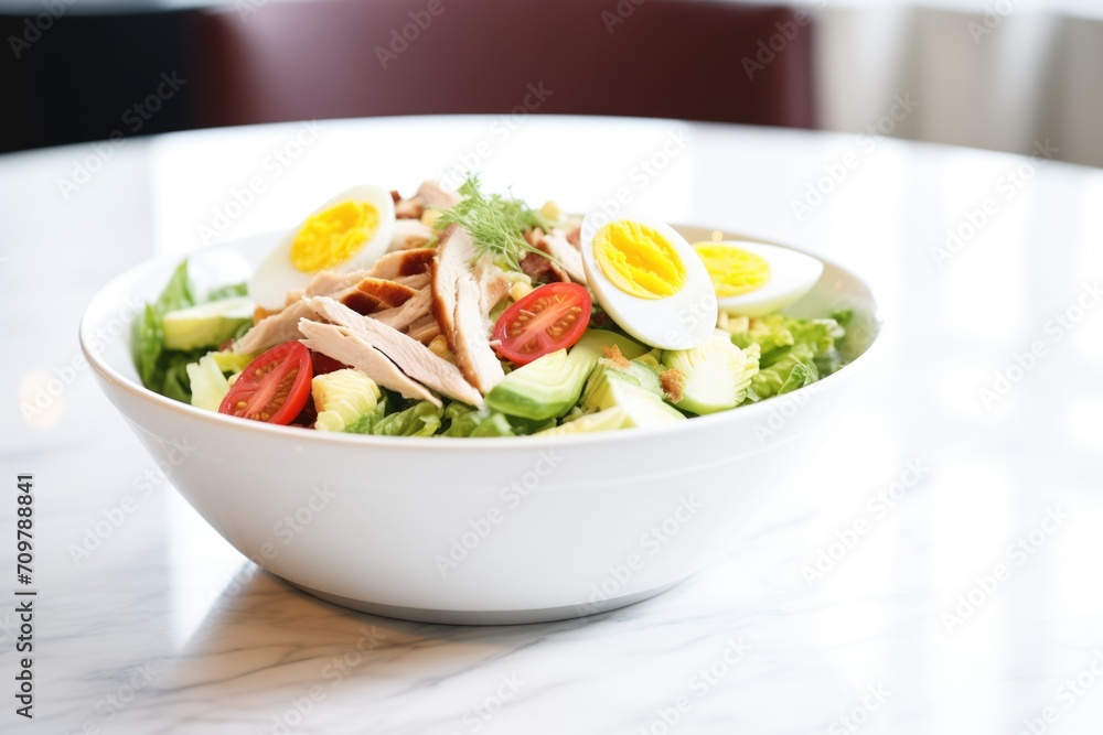cobb salad served in a white porcelain bowl with handles cobb salad served in a white porcelain bowl with handles