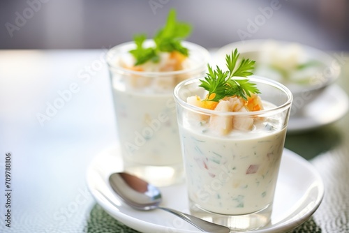 clam chowder appetizer size in small glass cups