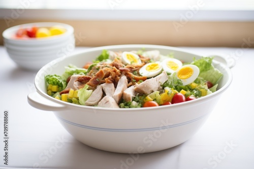 cobb salad served in a white porcelain bowl with handles