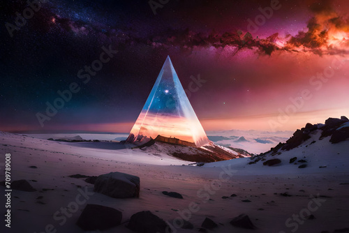 parallel universe portal pyramid on desrtic planet , nebulas and galaxies