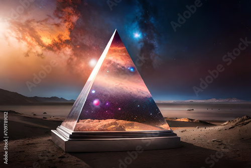 surreal outer space pyramid , glowing nebulas , mystical planet in parallel universe