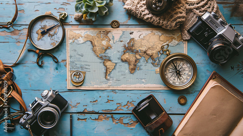 Flat lay of a travel enthusiasts desk with a world map a vintage compass travel guides and a camera evoking a sense of adventure.