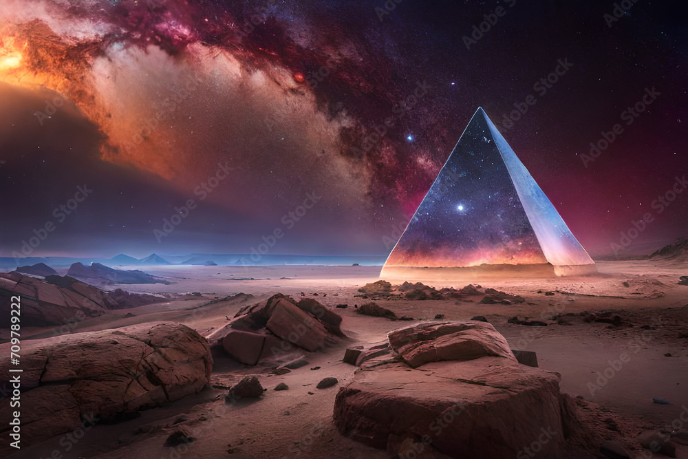 surreal outer space pyramid , glowing nebulas  , mystical planet in parallel universe