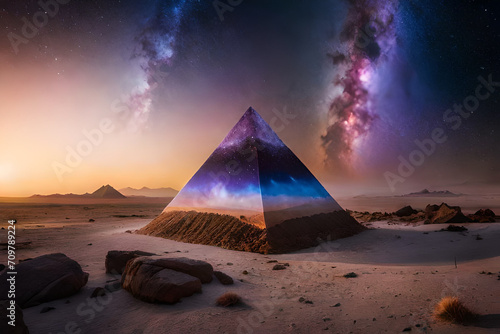 surreal outer space pyramid , glowing nebulas , mystical planet in parallel universe