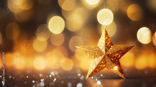 Golden star amidst twinkling Christmas lights