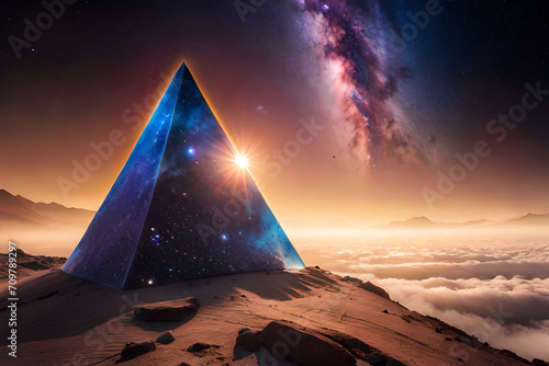 surreal outer space pyramid , glowing nebulas , mystical planet in parallel universe
