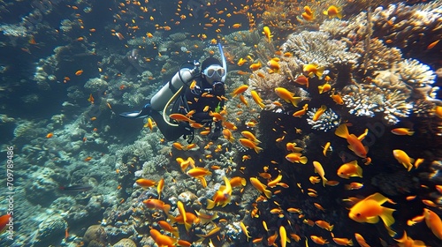 A school of colorful fish gracefully glides through the coral reef. photo