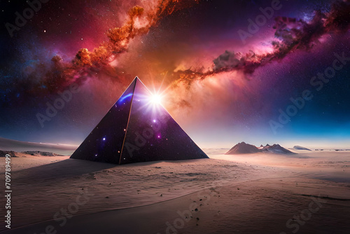 surreal outer space pyramid , glowing nebulas  , spectacular planet surface panorama photo