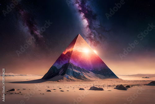 surreal outer space pyramid , glowing nebulas , spectacular planet surface panorama